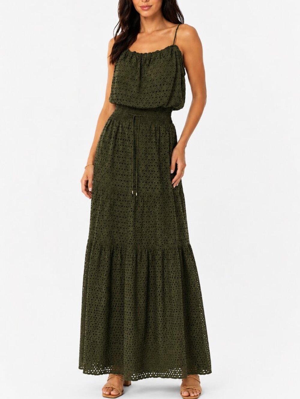 INC International Concepts Olive Eyelet Boho Resort Midi Dress, Large *EPOC